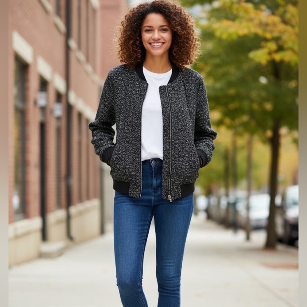 J Crew Bomber Tweed/Boucle Zippered Jacket,  Size 6